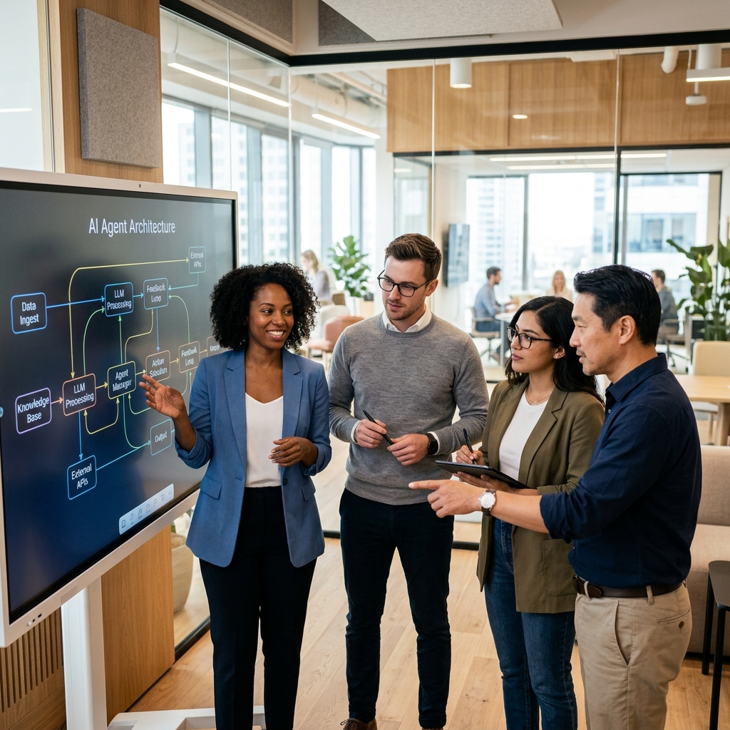 Team collaborating on AI agent architecture