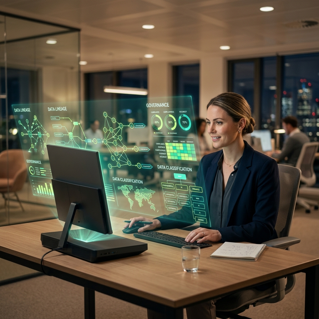 Data analyst reviewing governance and lineage dashboards